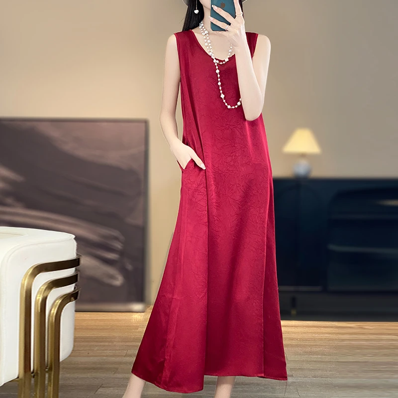 新款顺滑宽松连衣裙复古外穿中长款打底裙内搭吊带裙长款无袖J656