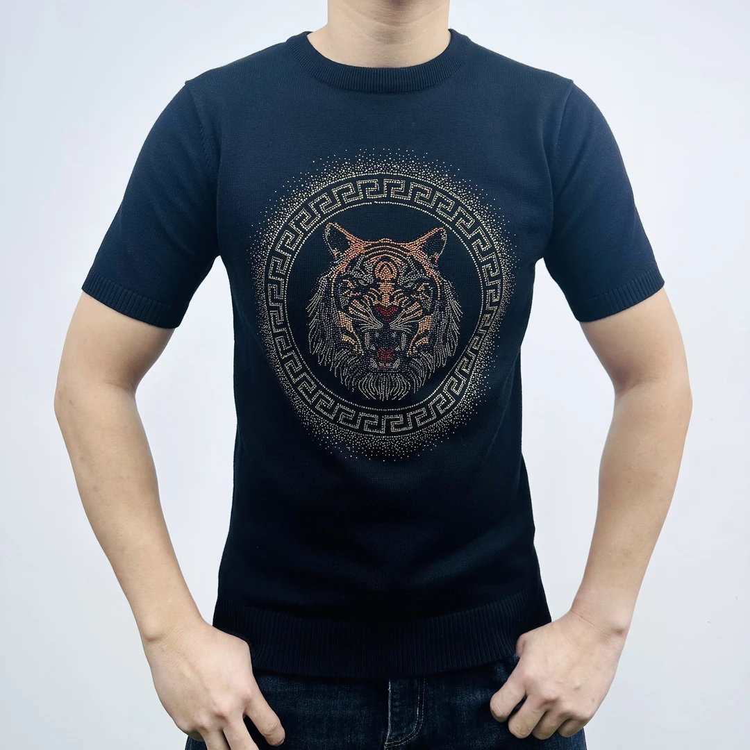 男士老虎头短袖针织毛衣秋冬季新款潮流半截袖男款修身特价加厚款