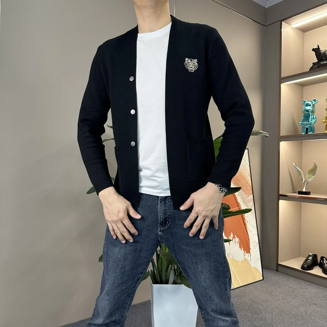 男开衫外套虎头刺绣休闲男装春秋v领时尚百搭长袖开衫针织衫男