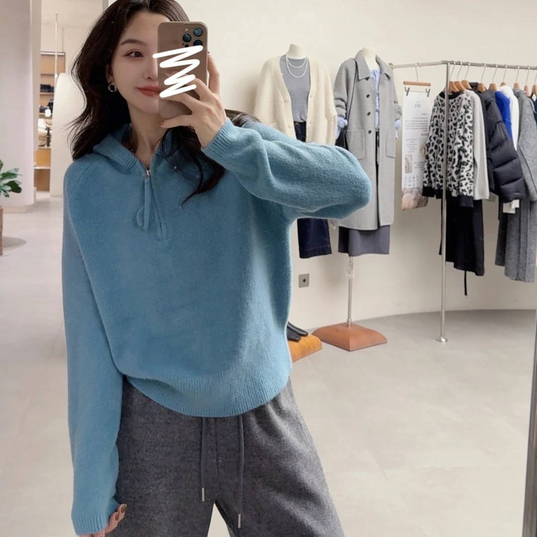 【捕捉力】毛衣半高领纯色针织衫百搭连帽上衣女秋冬显瘦