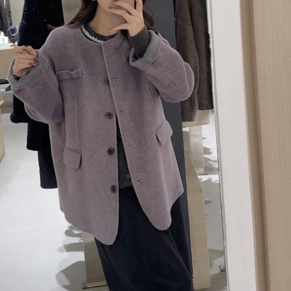 【信件】羊毛兔毛桑蚕丝双面长毛气质韩系百搭毛呢外套女上衣