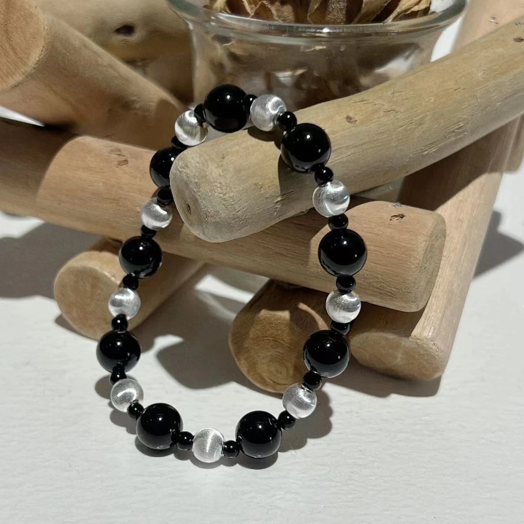 925银手链 JIUJIU【黑胶片】手工百搭小众弹力手串0802