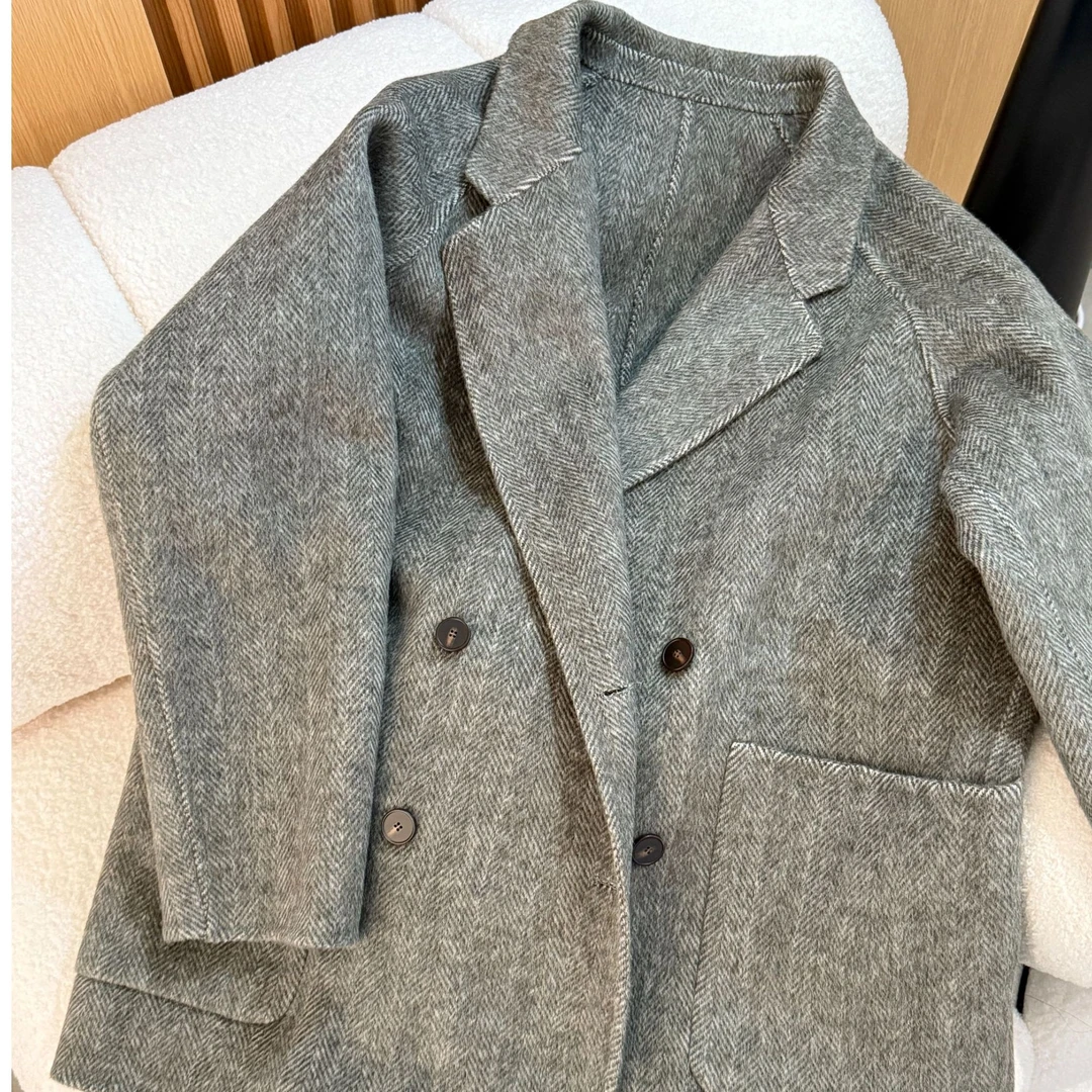 【雾白清秋】100%羊毛双面长毛百搭秋冬中长款毛呢外套女上衣