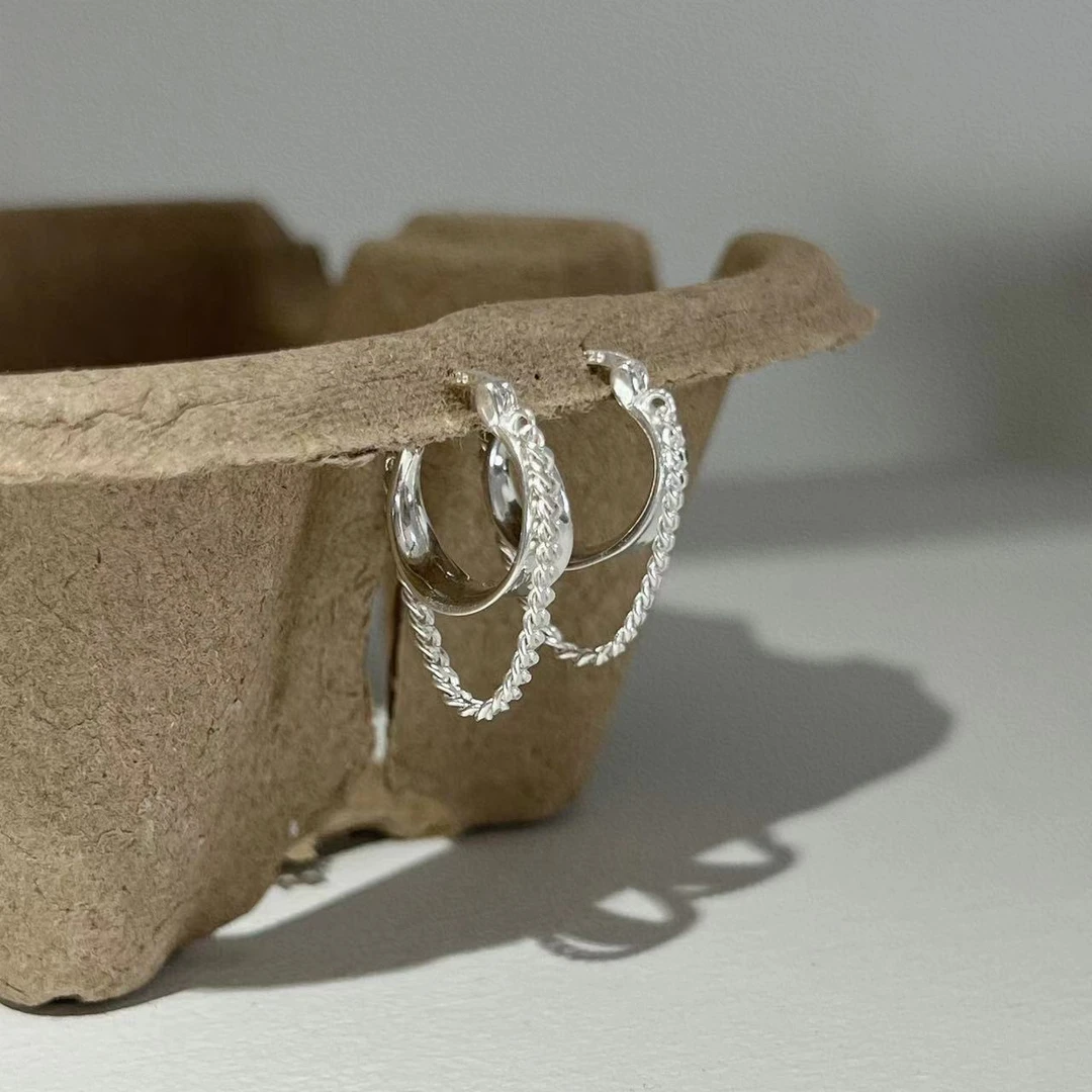 925银耳饰 JIUJIU 【碧海银钩】气质双层百搭时尚个性轻奢耳圈