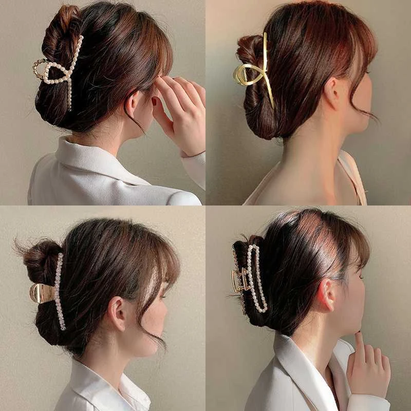韩国网红金属珍珠后脑勺发夹女优雅头发抓夹气质盘发鲨鱼夹子头饰