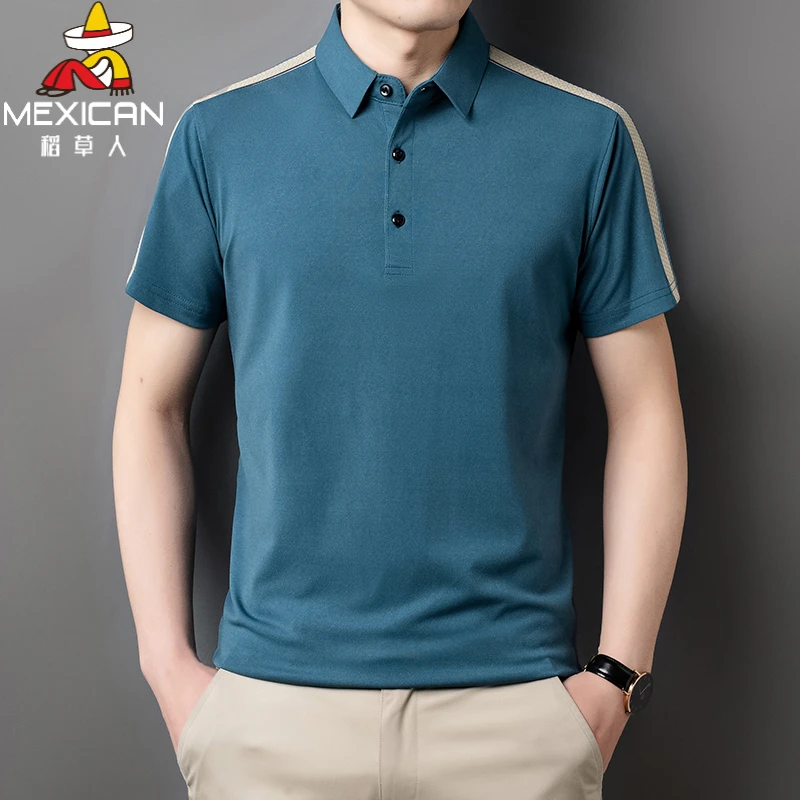 稻草人袖t恤男装商务翻领T恤潮流纯色拼色带领半袖夏季上衣服男
