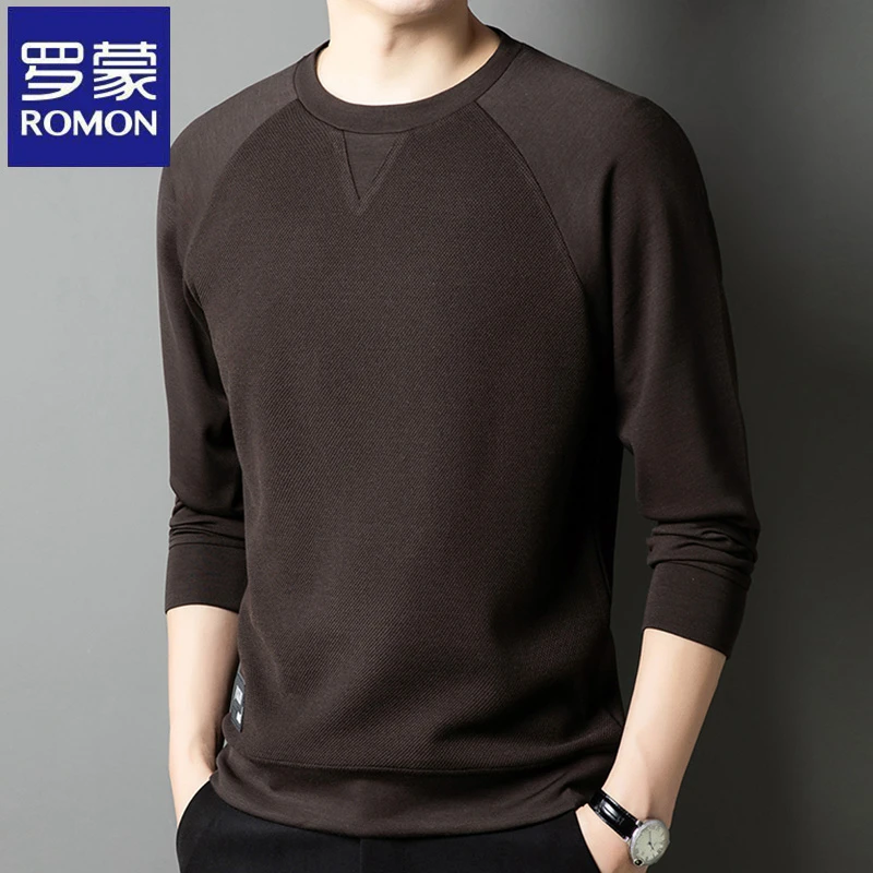 罗蒙休闲圆领百搭卫衣秋冬季宽松男士纯色打底衫长袖套头时尚T恤