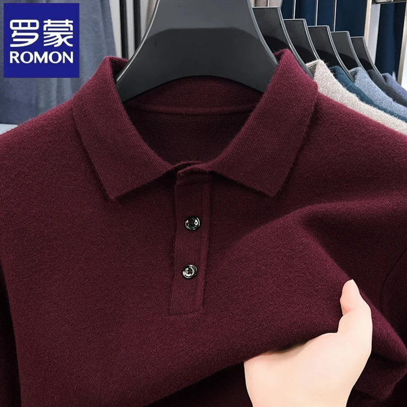 罗蒙红色百搭爸爸装翻领针织衫秋冬季时尚百搭商务纯色长袖毛衣男