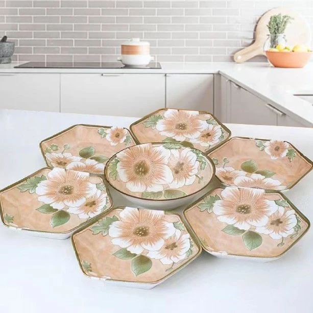 【省钱风暴】【8件套】山茶花8.5英寸六角盘6个 +汤碗1个+大汤勺