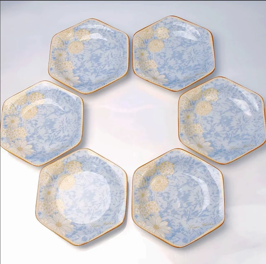 【尼娜补贴】【6只装】时光漫步创意欧式陶瓷六角盘 加边