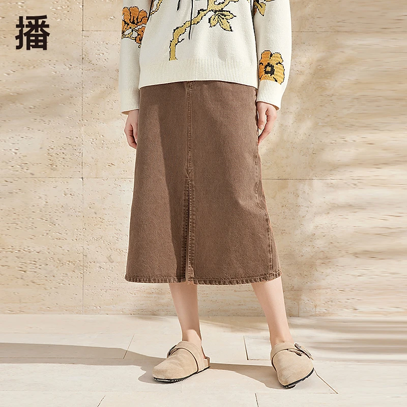 【商场同款】播24年气质中长款腔调牛仔开衩下摆半身裙BDR1BD0179