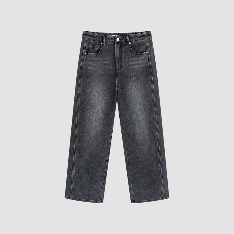 【时尚加绒】播24年春休闲百搭黑色宽松直筒阔腿牛仔裤DDR1KD51121