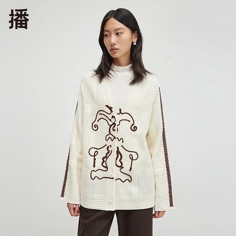 broadcast/播时尚简约V型领修饰脖毛针织开衫BDR3UD3260