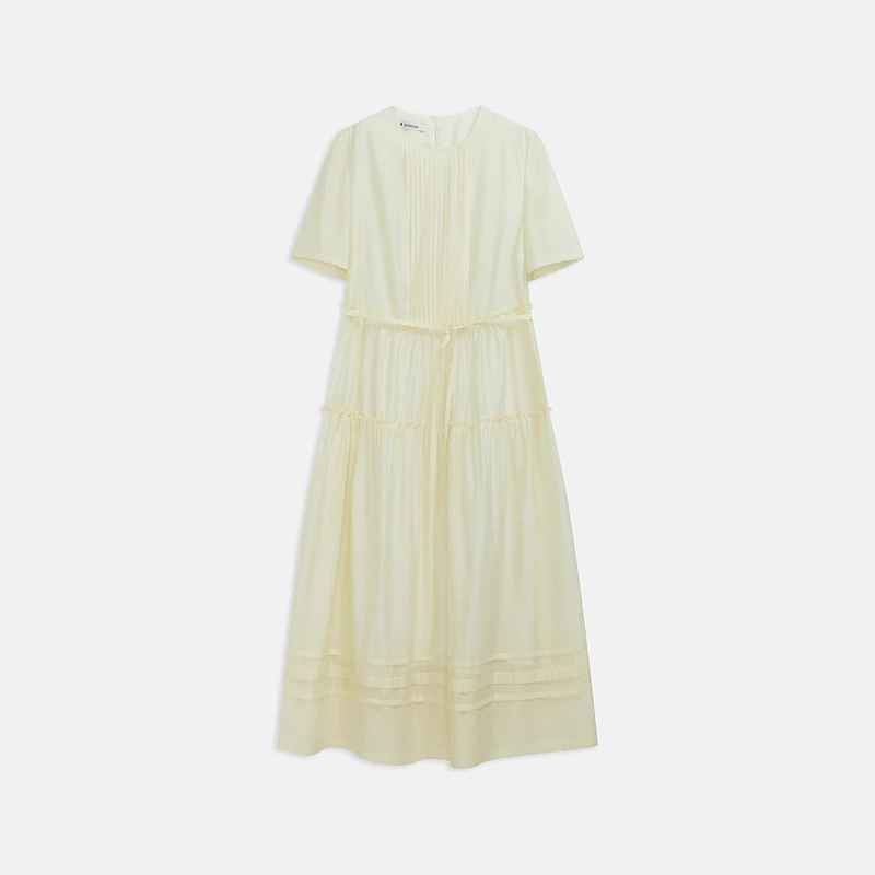 播broadcast24夏季纯色拼接气质捏褶圆领连衣裙DDR2LD5791