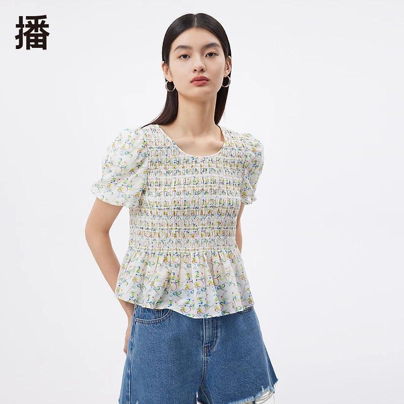 播春气质打揽光影小众小衫收腰碎花式上衣BDQ2HD1106