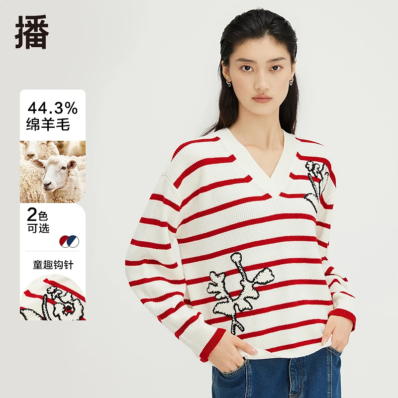 播秋冬休闲提花秋冬撞色复古拼接罗纹V领针织衫DDQ4SD5293