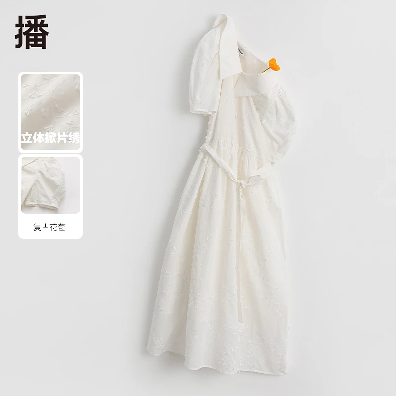 播夏简约海军领泡泡袖连衣裙收腰显瘦中长款短袖长裙DDQ2LD5019