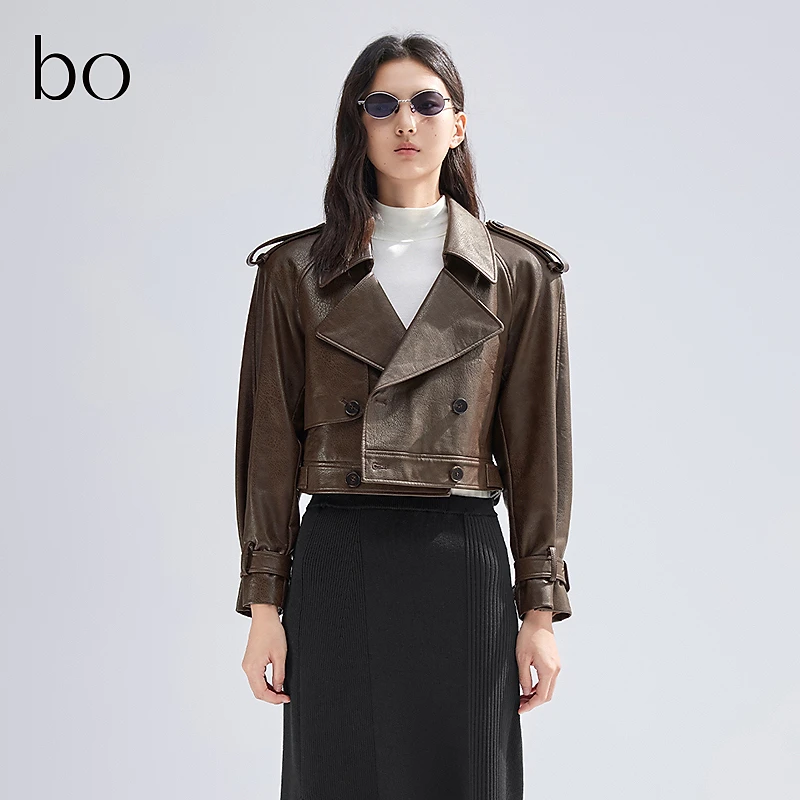 播春时尚复古设计师款翻领截短皮短外套BDR1WD2411