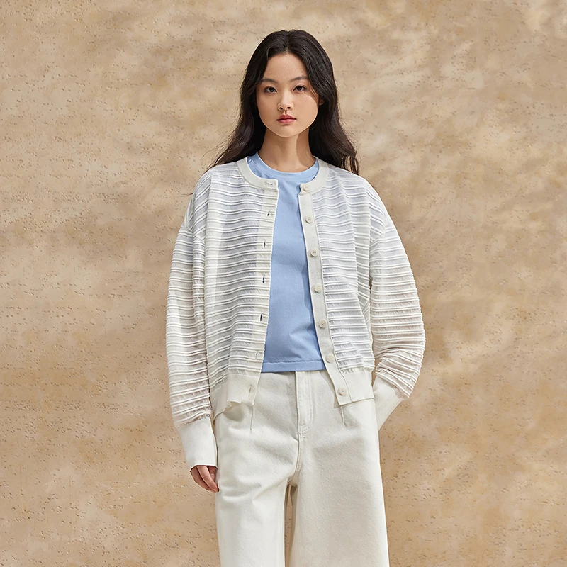 播broadcast24春长袖针织优雅圆领毛针织开衫DDR2UD5449