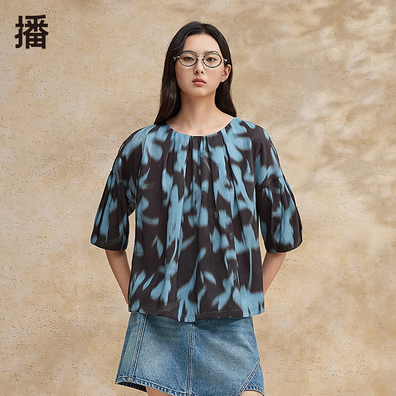 播夏季捏褶优雅圆领衬衫BDR2HD0919