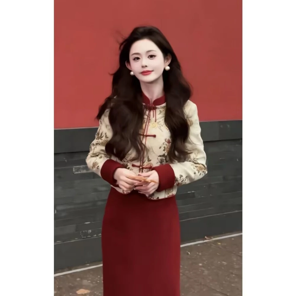 秋冬气质显瘦新中式国风撞色拼接刺绣棉服外套+半身裙两件套装女