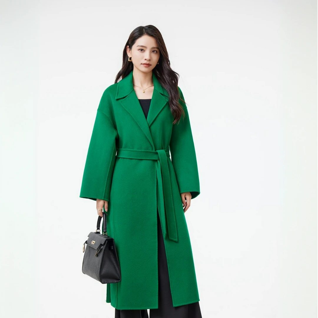 米缘之家c3268开叉尖领腰带款双面尼大衣长款秋冬宽时尚显瘦