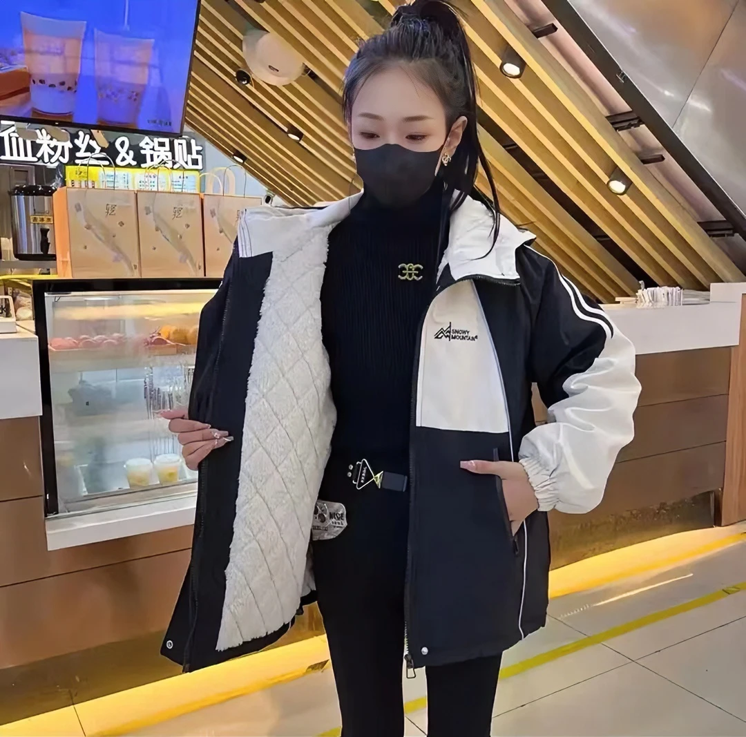 秋冬季韩版防风秋冬冬款拼色外套冲锋衣时尚连帽加绒加厚保暖棉服