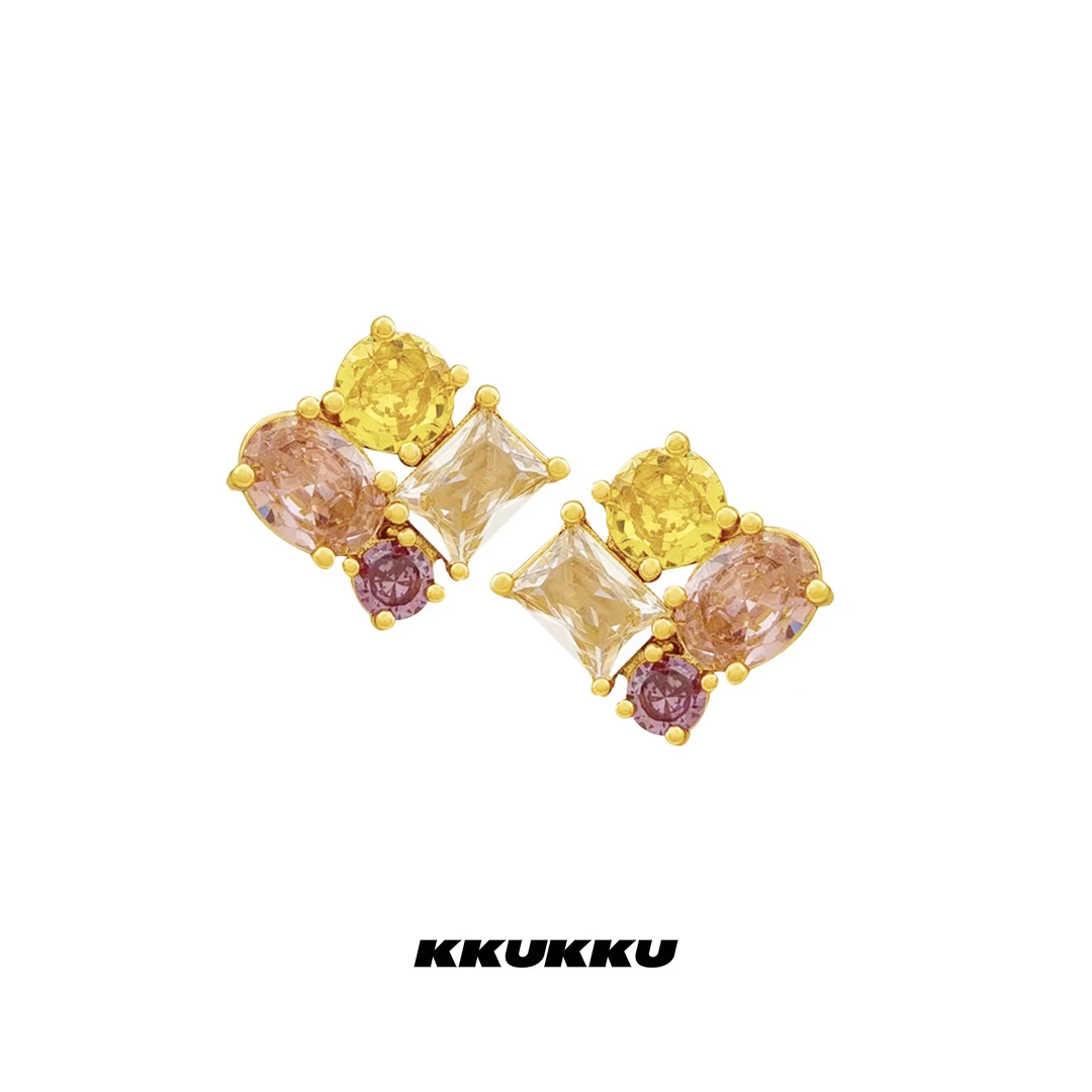 KKUKKU 铜合金合成锆石耳饰 拼色金色花花不规则耳钉时尚轻奢气质