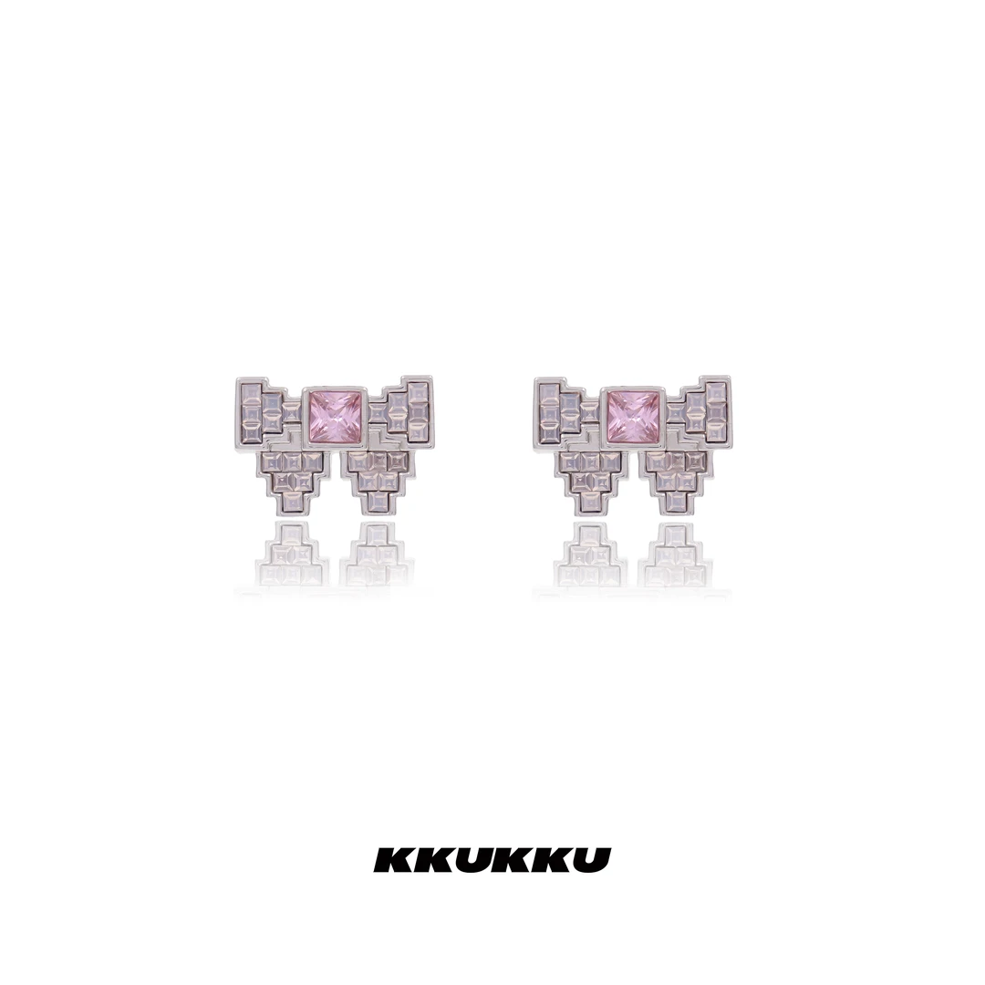 KKUKKU 铜合金合成锆石耳饰 粉色马赛克高光闪耀蝴蝶结耳饰百搭