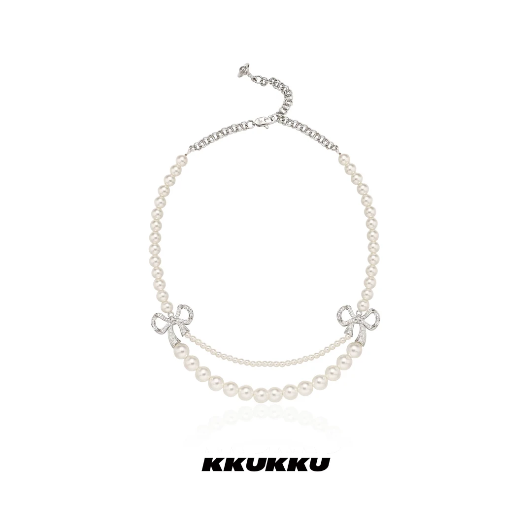 KKUKKU 铜合金项链 法式甜心蝴蝶结珠珠高级感手工项链ins轻奢