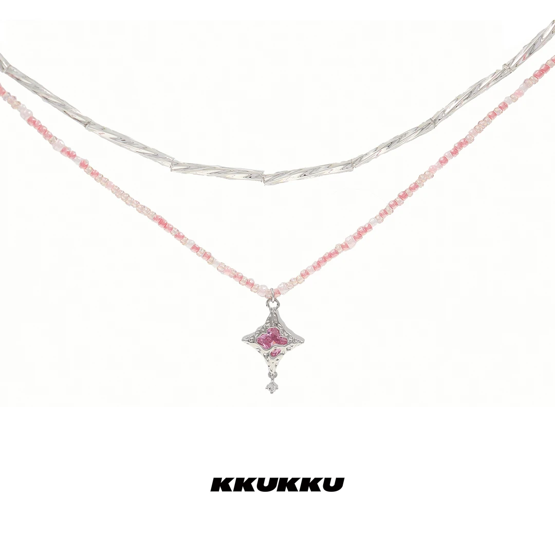 KKUKKU 铜合金合成锆石项链 宇宙来电系列粉色拼色银管珠珠项链