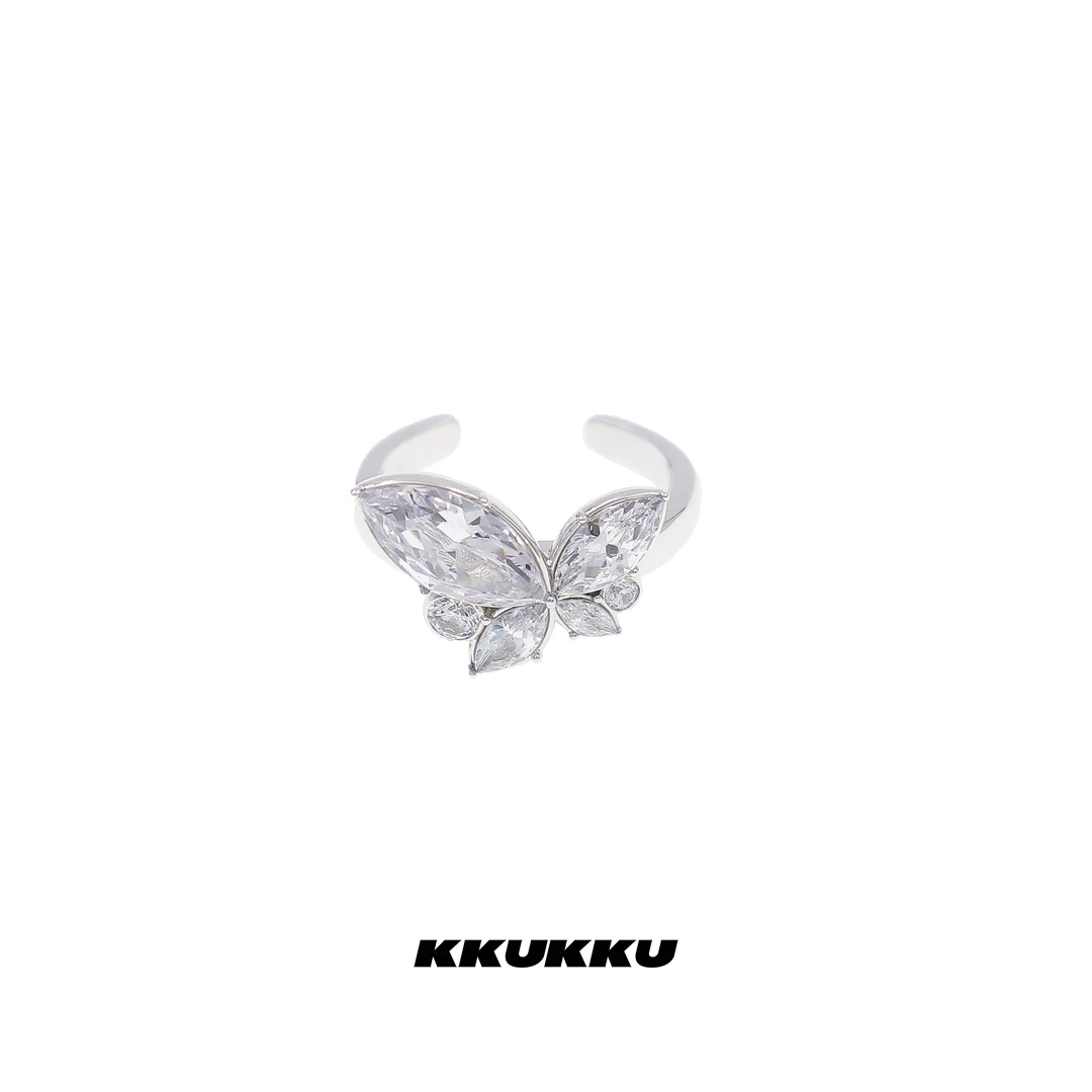 KKUKKU 铜合金合成锆石戒指 高光高亮闪耀蝴蝶液态金属戒指