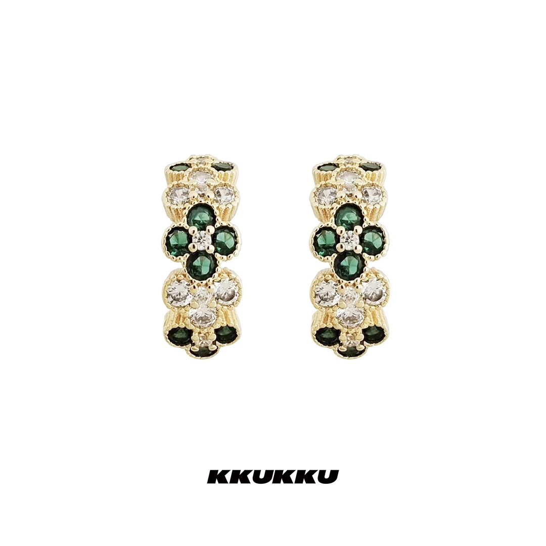 KKUKKU 铜合金合成锆石耳饰 白绿拼接锆石高光闪耀满天星耳环精致