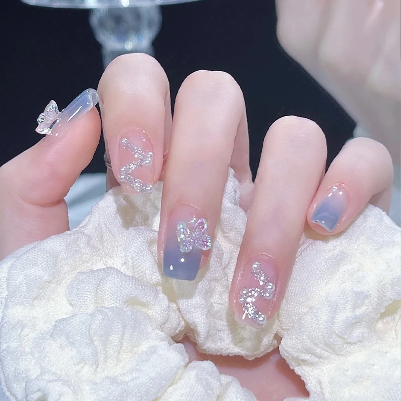冰透蓝蝴蝶可拆卸重复使用美甲片【短款】