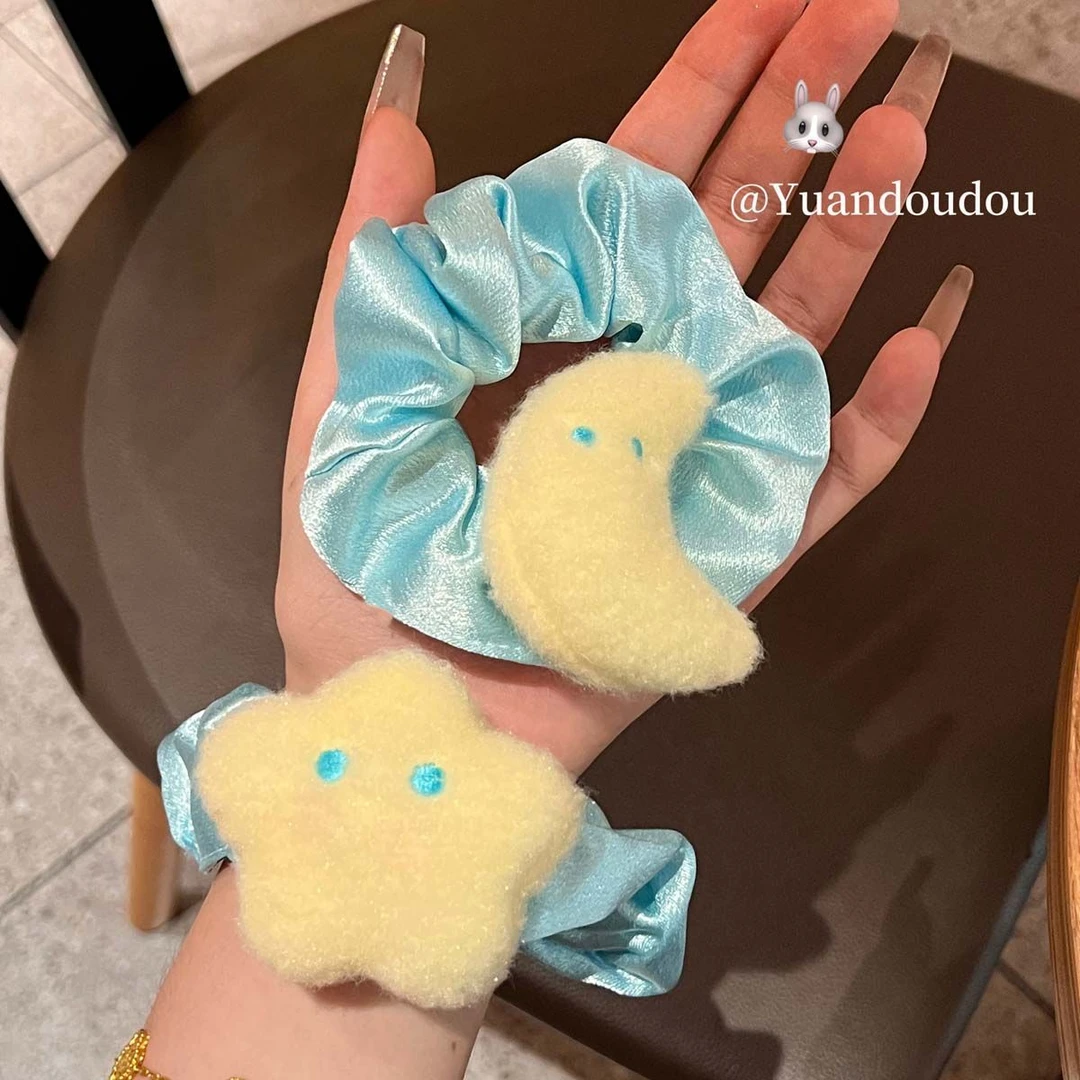 日韩可爱毛绒腮红星星月亮大肠发圈秋冬甜美软萌少女发饰皮筋头绳