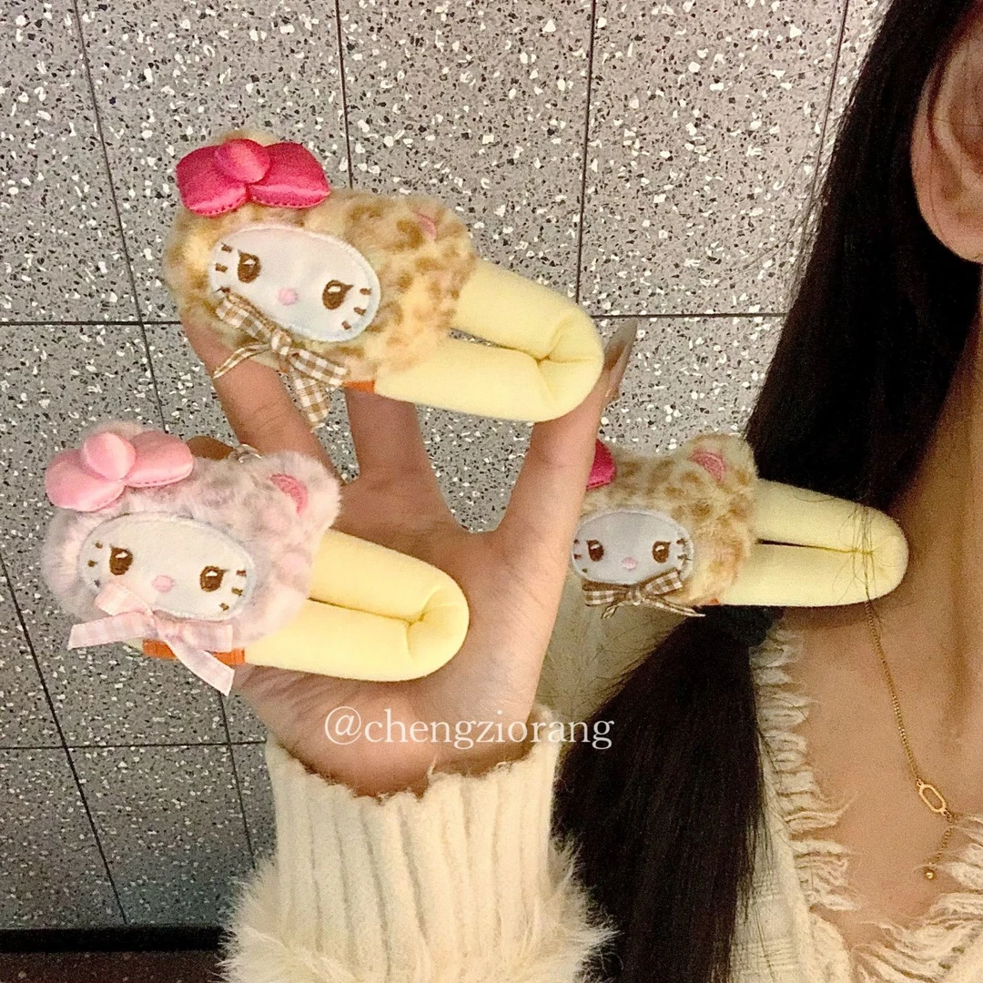三丽鸥kt猫豹纹毛绒掰掰夹可爱少女刘海夹边夹卡通百搭kt猫发饰