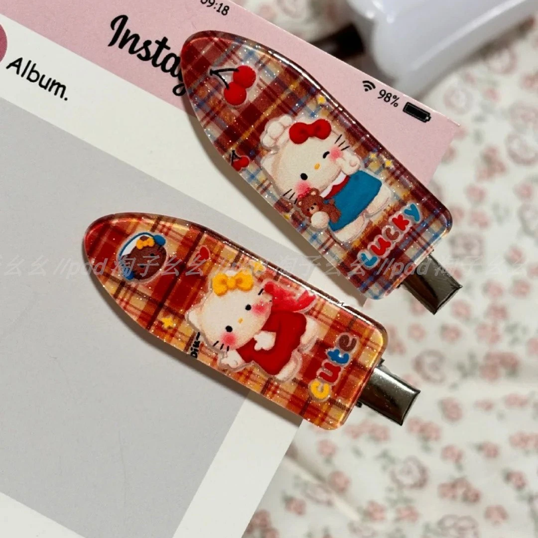 2024秋冬圣诞新款kitty发夹美式复古格纹高颜值鸭嘴夹刘海夹边夹