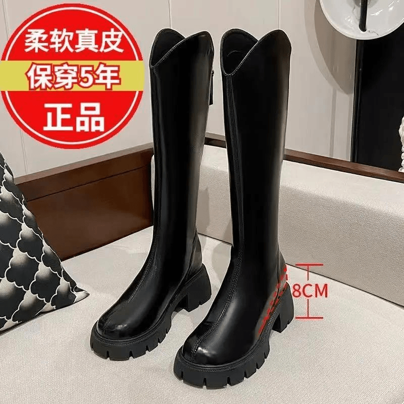 内增高8cm女靴2023年新款小腿靴v口真皮洋气小个子长筒靴