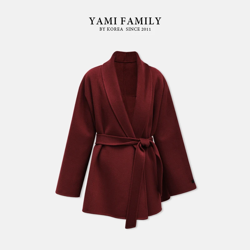 YM 983 秋冬冬季女士宽松时尚中长款系带设计师气质双面羊毛大衣