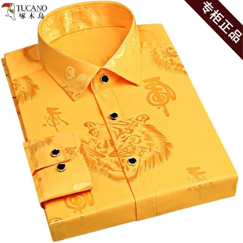 啄木鸟春夏新款提花长袖衬衫中年男士民族风爸爸装丝滑亮面衬衣男