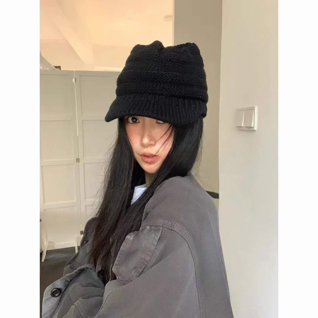 好巧自制～新款休闲弯檐针织鸭舌帽女显脸小网红款保暖包头堆帽