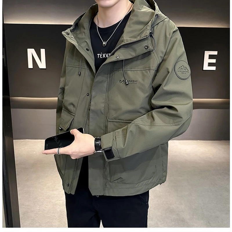 FC春秋季男士穿搭时尚连帽工装夹克冲锋衣男防风户外运动休闲外套