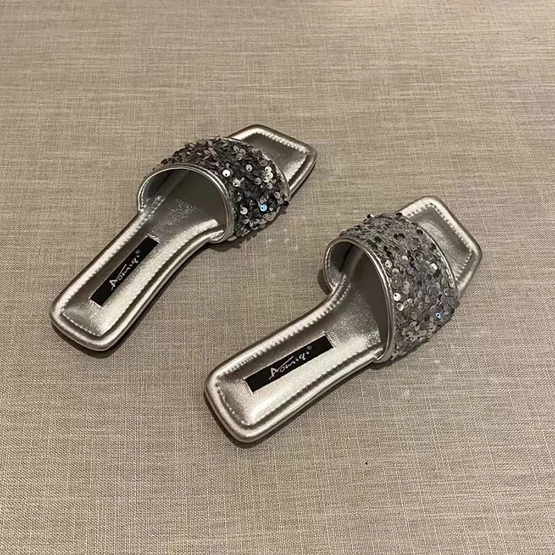 法式水钻仙女鞋子一字拖平跟凉拖外出黑色2025夏季拖鞋女亮片低跟