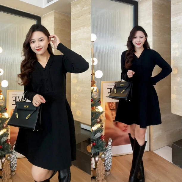 【短裙V领赫本风针织连衣裙】大码女装春装保暖裙子减龄时尚15337