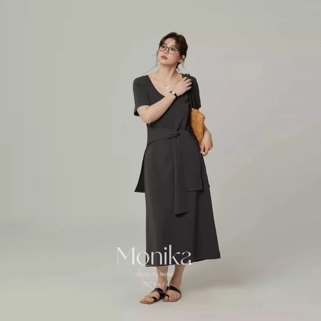 大码女装大U领假两件短袖休闲中长款连衣裙胖mm减龄遮pp裙子75402