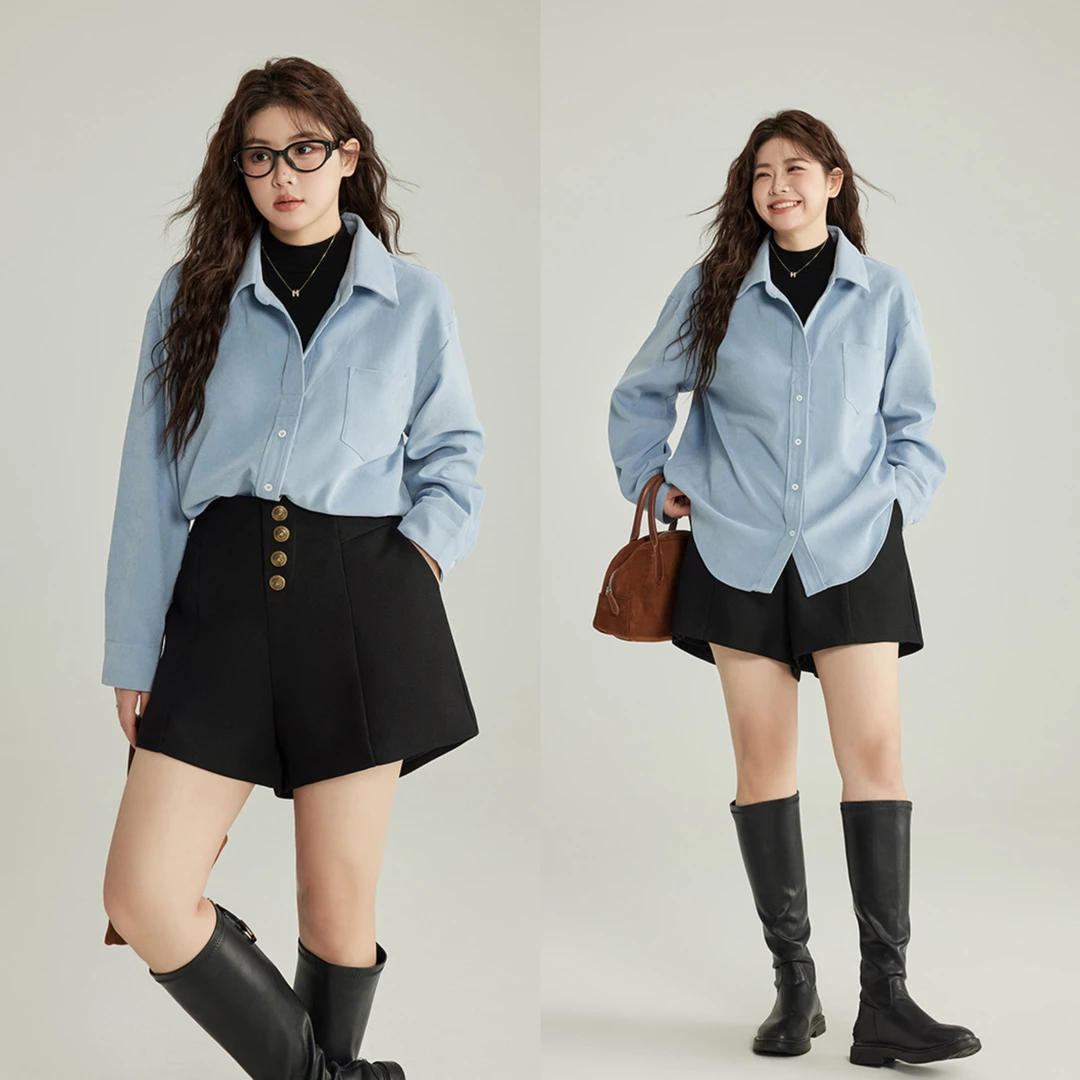 大码女装女秋冬新款胖mm假两件长袖衬衫+高腰短裤4644+75009