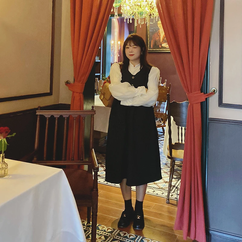 a字娃娃裙遮肉宽松长裙子大码女装春装毛呢背心连衣裙中长款72613