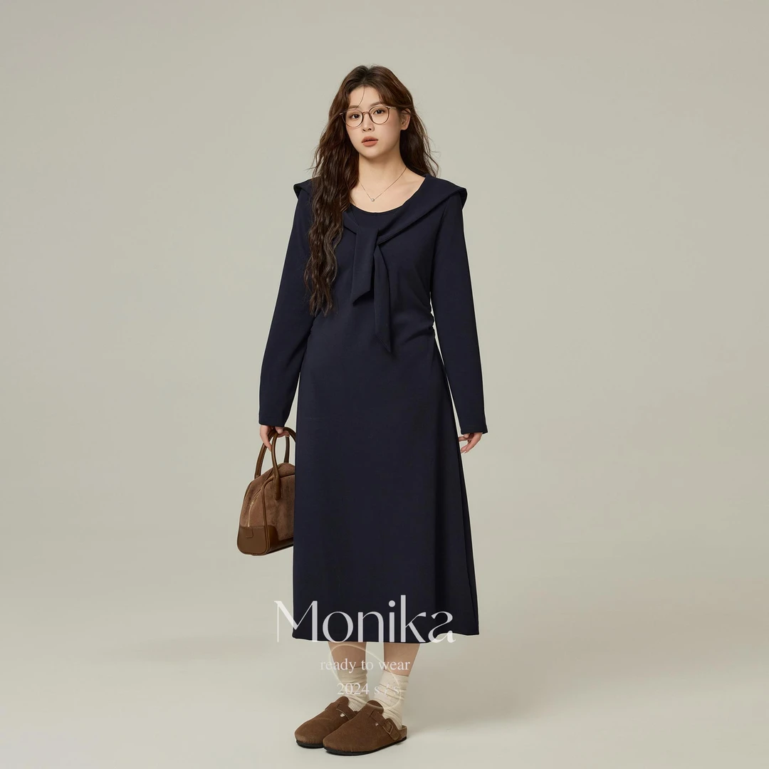 大码女装收腰显瘦海军领减龄中长款连衣裙4832