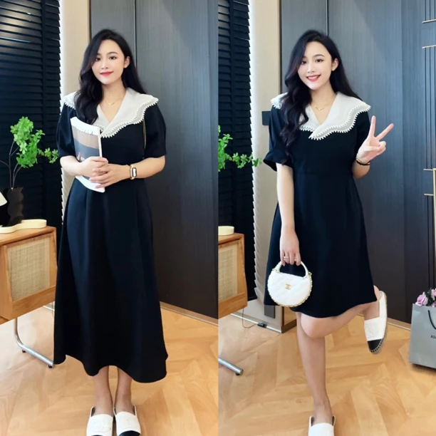 赫本风大翻领连衣裙微胖洋气女装大码高品质微胖显瘦裙子a字73621