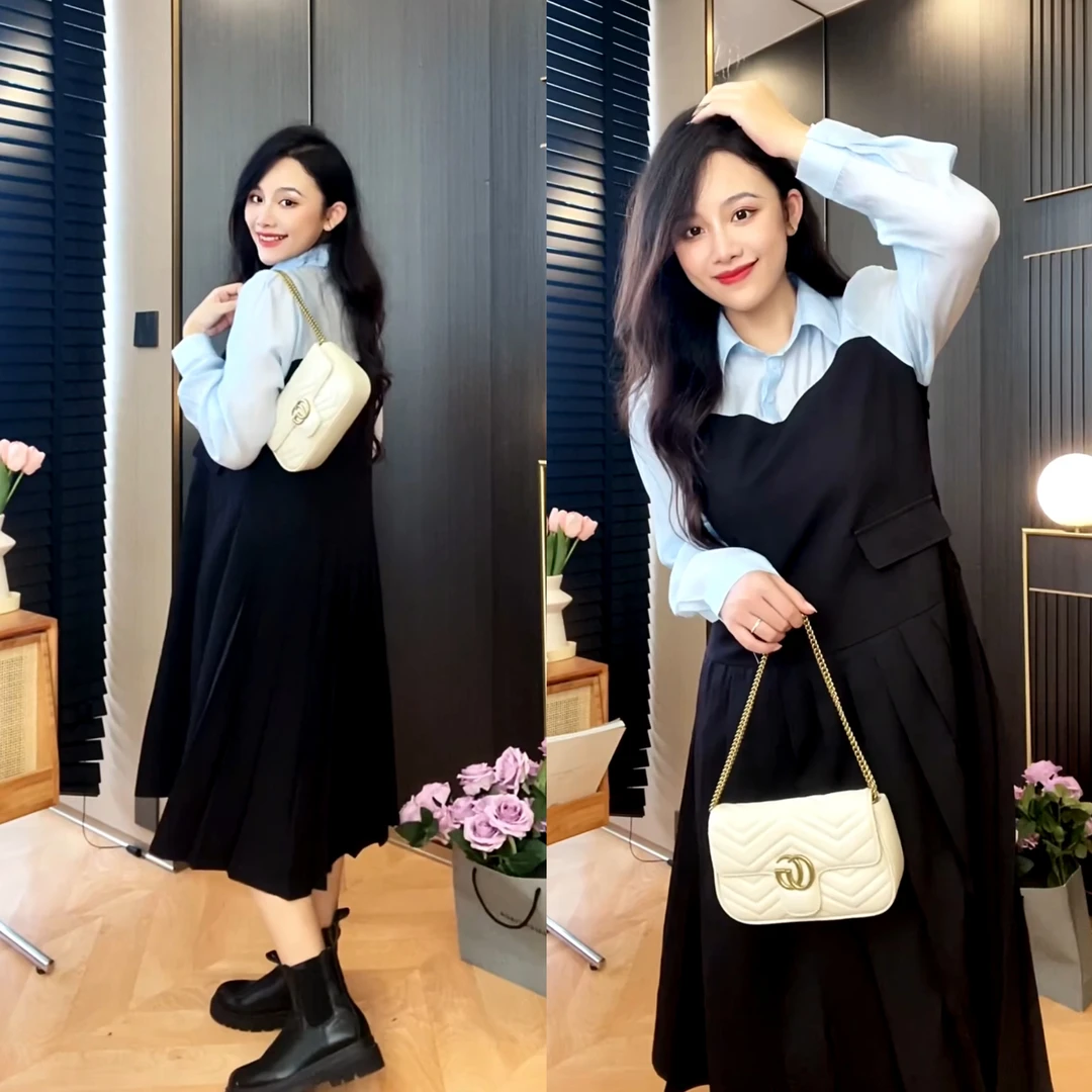 翻领通勤裙子长袖大码女装2024春季假两件撞色拼接连衣裙73774
